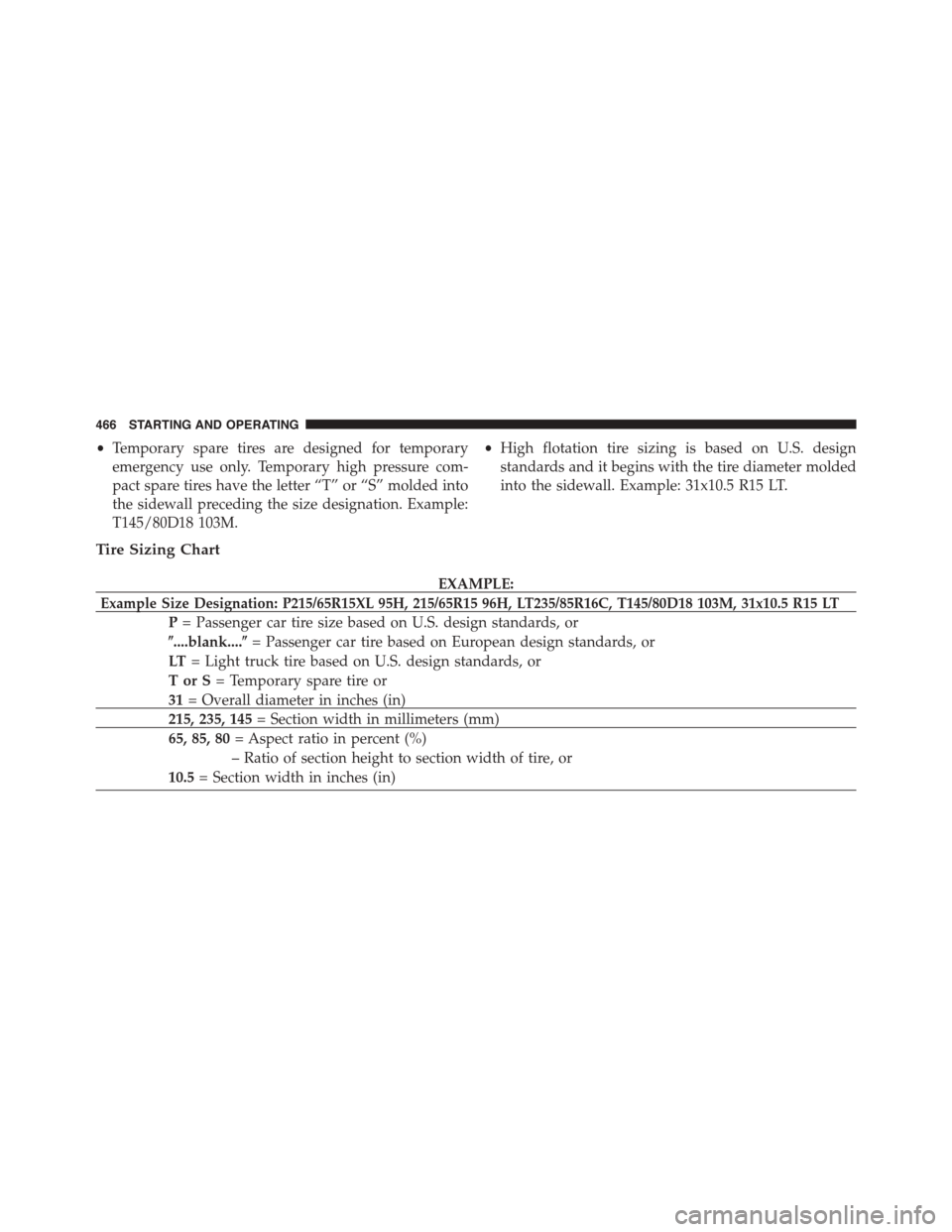 DODGE DART 2015 PF / 1.G Owners Manual •Temporary spare tires are designed for temporary
emergency use only. Temporary high pressure com-
pact spare tires have the letter “T” or “S” molded into
the sidewall preceding the size des