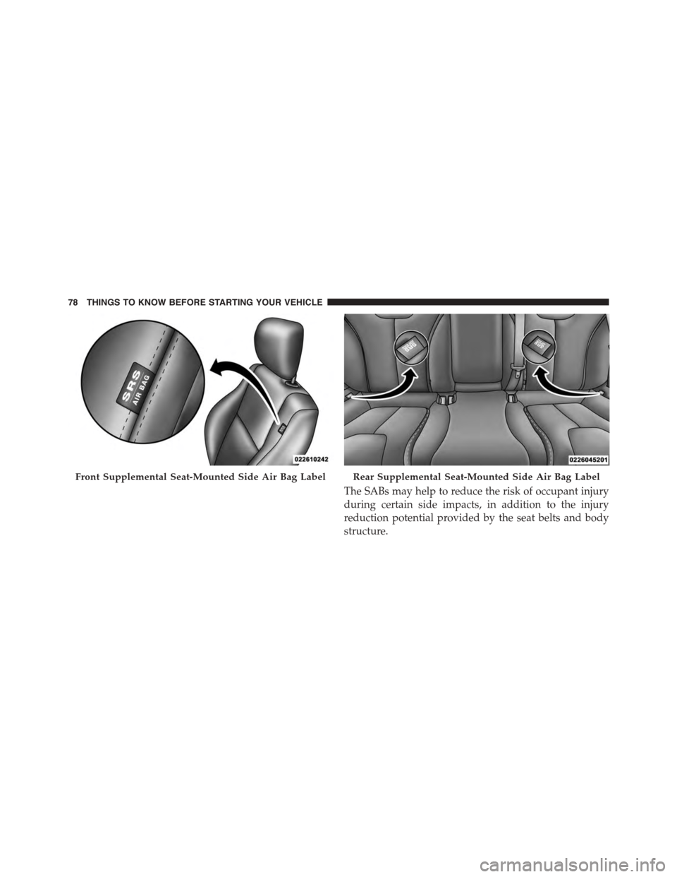 DODGE DART 2015 PF / 1.G Manual PDF The SABs may help to reduce the risk of occupant injury
during certain side impacts, in addition to the injury
reduction potential provided by the seat belts and body
structure.
Front Supplemental Sea DODGE DART 2015 PF / 1.G Manual PDF The SABs may help to reduce the risk of occupant injury
during certain side impacts, in addition to the injury
reduction potential provided by the seat belts and body
structure.
Front Supplemental Sea