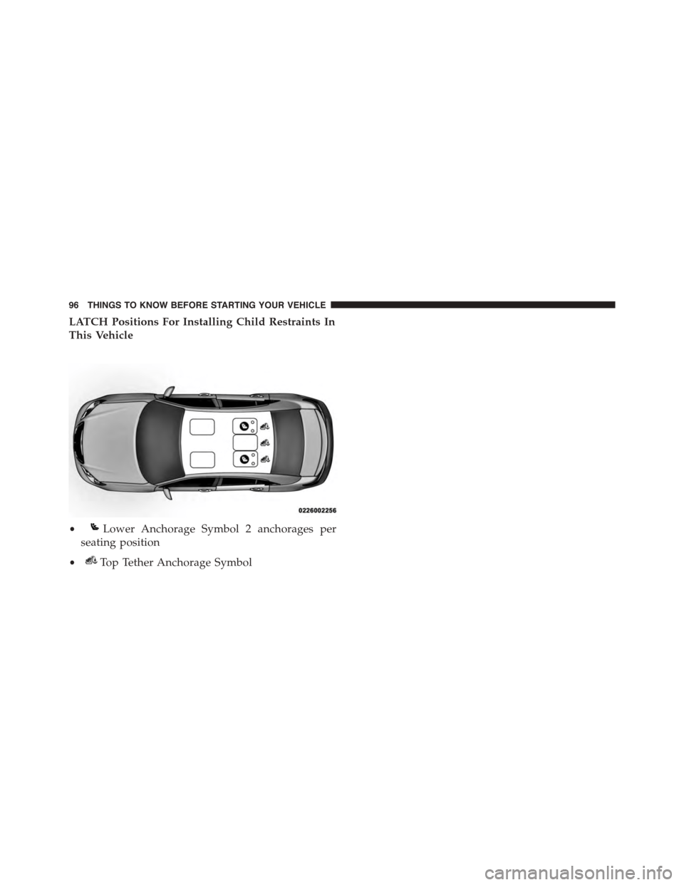 DODGE DART 2015 PF / 1.G Owners Manual LATCH Positions For Installing Child Restraints In
This Vehicle
•Lower Anchorage Symbol 2 anchorages per
seating position
•Top Tether Anchorage Symbol
96 THINGS TO KNOW BEFORE STARTING YOUR VEHICL DODGE DART 2015 PF / 1.G Owners Manual LATCH Positions For Installing Child Restraints In
This Vehicle
•Lower Anchorage Symbol 2 anchorages per
seating position
•Top Tether Anchorage Symbol
96 THINGS TO KNOW BEFORE STARTING YOUR VEHICL