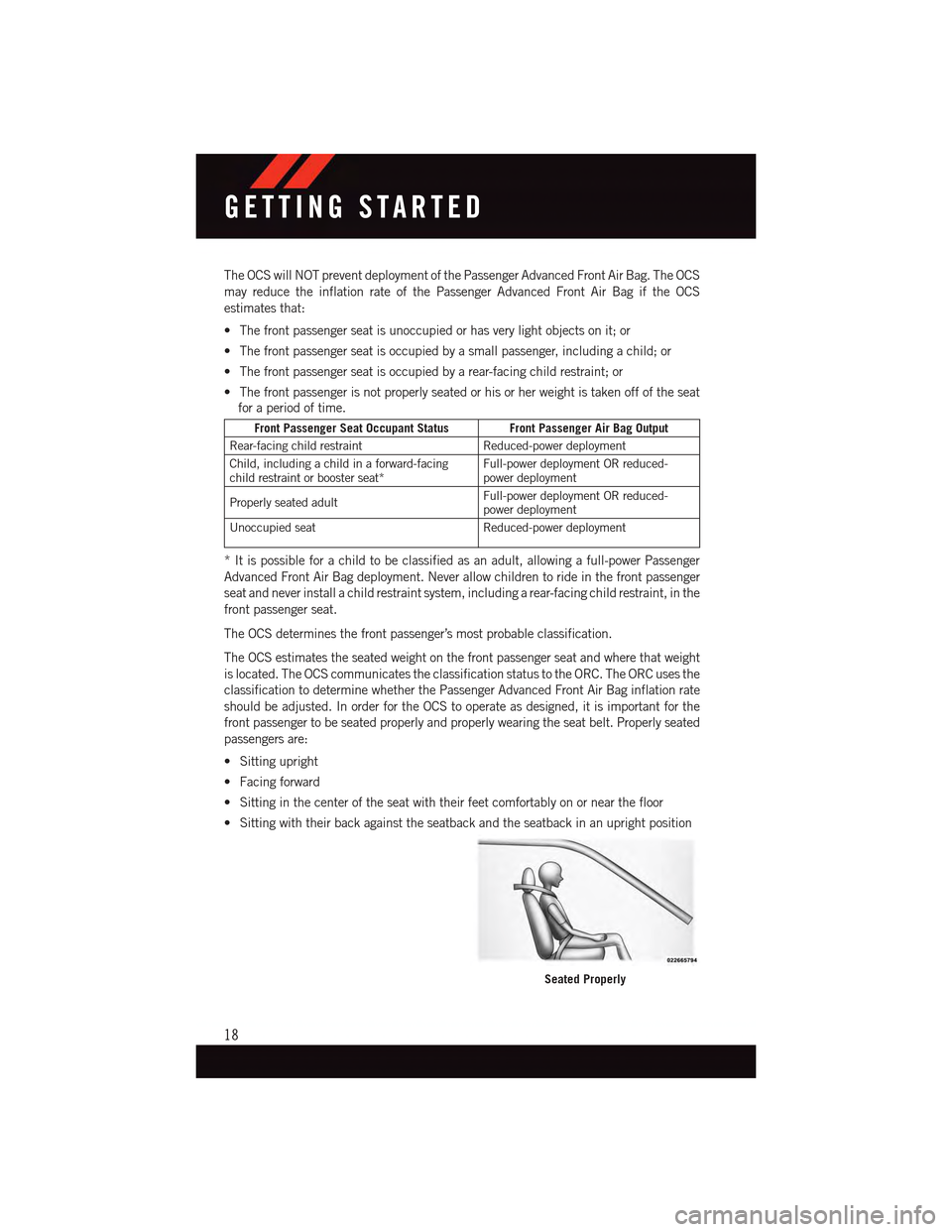 DODGE DART 2015 PF / 1.G Owners Manual The OCS will NOT prevent deployment of the Passenger Advanced Front Air Bag. The OCS
may reduce the inflation rate of the Passenger Advanced Front Air Bag if the OCS
estimates that:
•Thefrontpasseng DODGE DART 2015 PF / 1.G Owners Manual The OCS will NOT prevent deployment of the Passenger Advanced Front Air Bag. The OCS
may reduce the inflation rate of the Passenger Advanced Front Air Bag if the OCS
estimates that:
•Thefrontpasseng