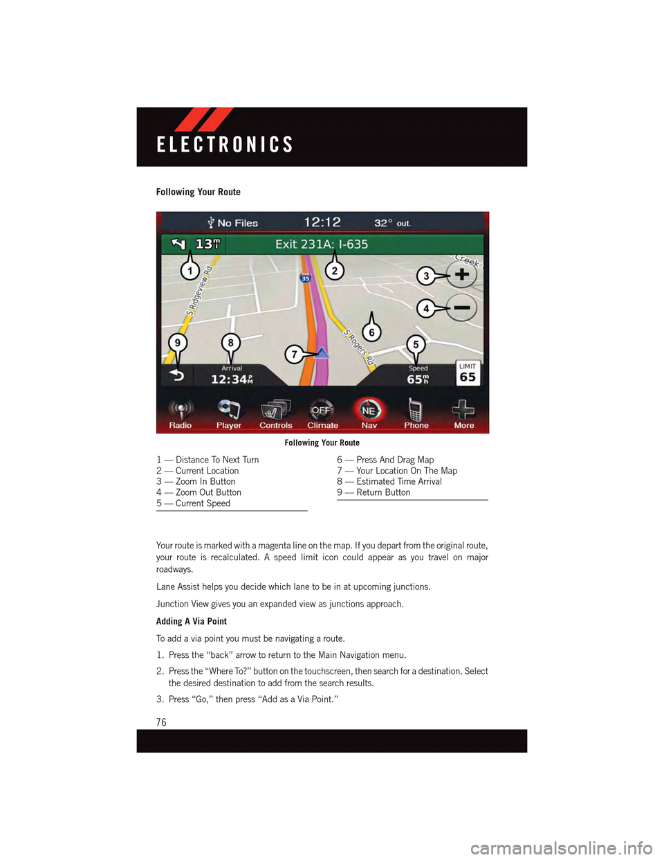 DODGE DART 2015 PF / 1.G User Guide Following Your Route
Yo u r r o u t e i s m a r k e d w i t h a m a g e n t a l i n e o n t h e m a p . I f y o u d e p a r t f r o m t h e o r i g i n a l r o u t e ,
your route is recalculated. A sp DODGE DART 2015 PF / 1.G User Guide Following Your Route
Yo u r r o u t e i s m a r k e d w i t h a m a g e n t a l i n e o n t h e m a p . I f y o u d e p a r t f r o m t h e o r i g i n a l r o u t e ,
your route is recalculated. A sp