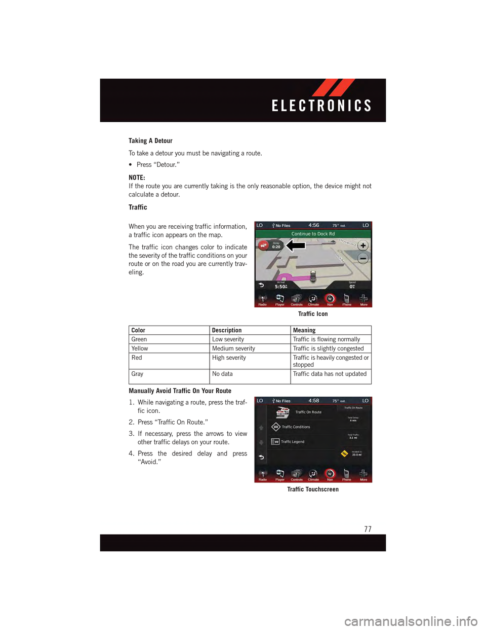 DODGE DART 2015 PF / 1.G Manual PDF Taking A Detour
To t a k e a d e t o u r y o u m u s t b e n a v i g a t i n g a r o u t e .
•Press“Detour.”
NOTE:
If the route you are currently taking is the only reasonable option, the device DODGE DART 2015 PF / 1.G Manual PDF Taking A Detour
To t a k e a d e t o u r y o u m u s t b e n a v i g a t i n g a r o u t e .
•Press“Detour.”
NOTE:
If the route you are currently taking is the only reasonable option, the device