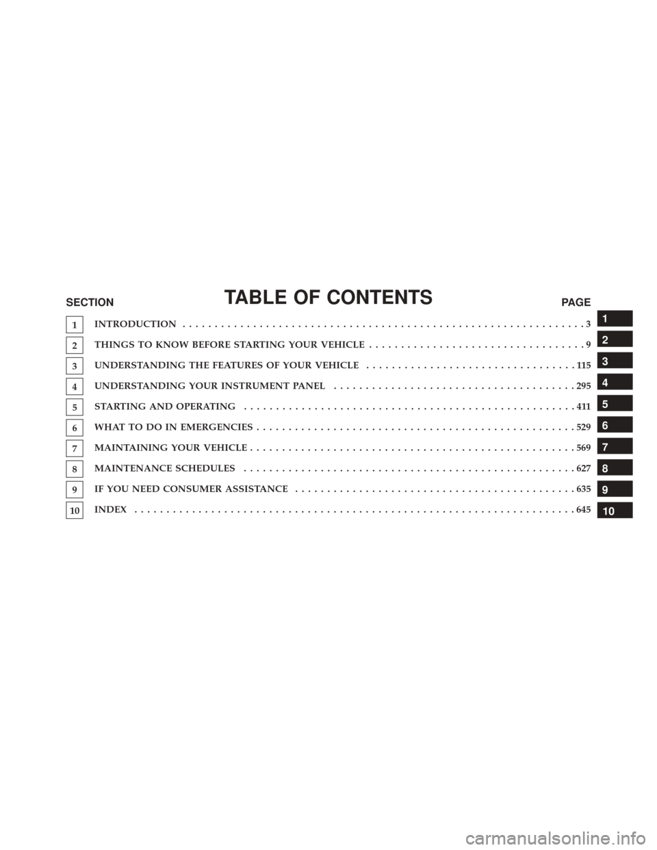 DODGE DART 2016 PF / 1.G Owners Manual TABLE OF CONTENTSSECTIONPAGE
1INTRODUCTION .
..............................................................3
2THINGS TO KNOW BEFORE STARTING YOUR VEHICLE
..................................9
3UNDERSTAN