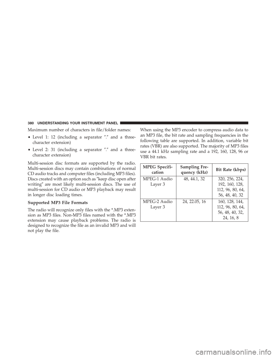 DODGE DART 2016 PF / 1.G Owners Manual Maximum number of characters in file/folder names:
•Level 1: 12 (including a separator .and a three-
character extension)
• Level 2: 31 (including a separator .and a three-
character extension