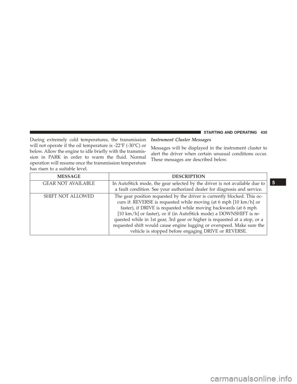 DODGE DART 2016 PF / 1.G Owners Manual During extremely cold temperatures, the transmission
will not operate if the oil temperature is -22°F (-30°C) or
below. Allow the engine to idle briefly with the transmis-
sion in PARK in order to w DODGE DART 2016 PF / 1.G Owners Manual During extremely cold temperatures, the transmission
will not operate if the oil temperature is -22°F (-30°C) or
below. Allow the engine to idle briefly with the transmis-
sion in PARK in order to w