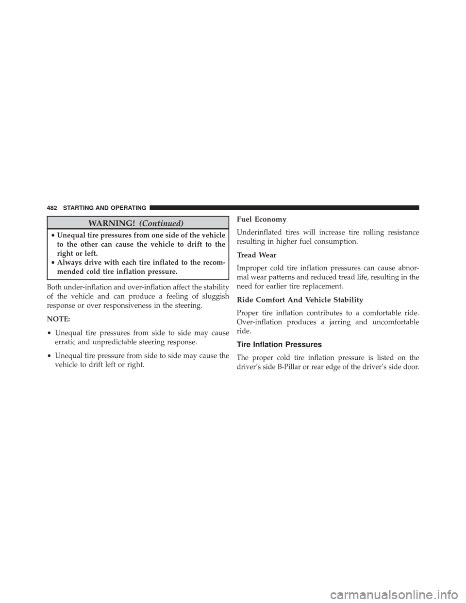 DODGE DART 2016 PF / 1.G Owners Manual WARNING!(Continued)
•Unequal tire pressures from one side of the vehicle
to the other can cause the vehicle to drift to the
right or left.
• Always drive with each tire inflated to the recom-
mend DODGE DART 2016 PF / 1.G Owners Manual WARNING!(Continued)
•Unequal tire pressures from one side of the vehicle
to the other can cause the vehicle to drift to the
right or left.
• Always drive with each tire inflated to the recom-
mend
