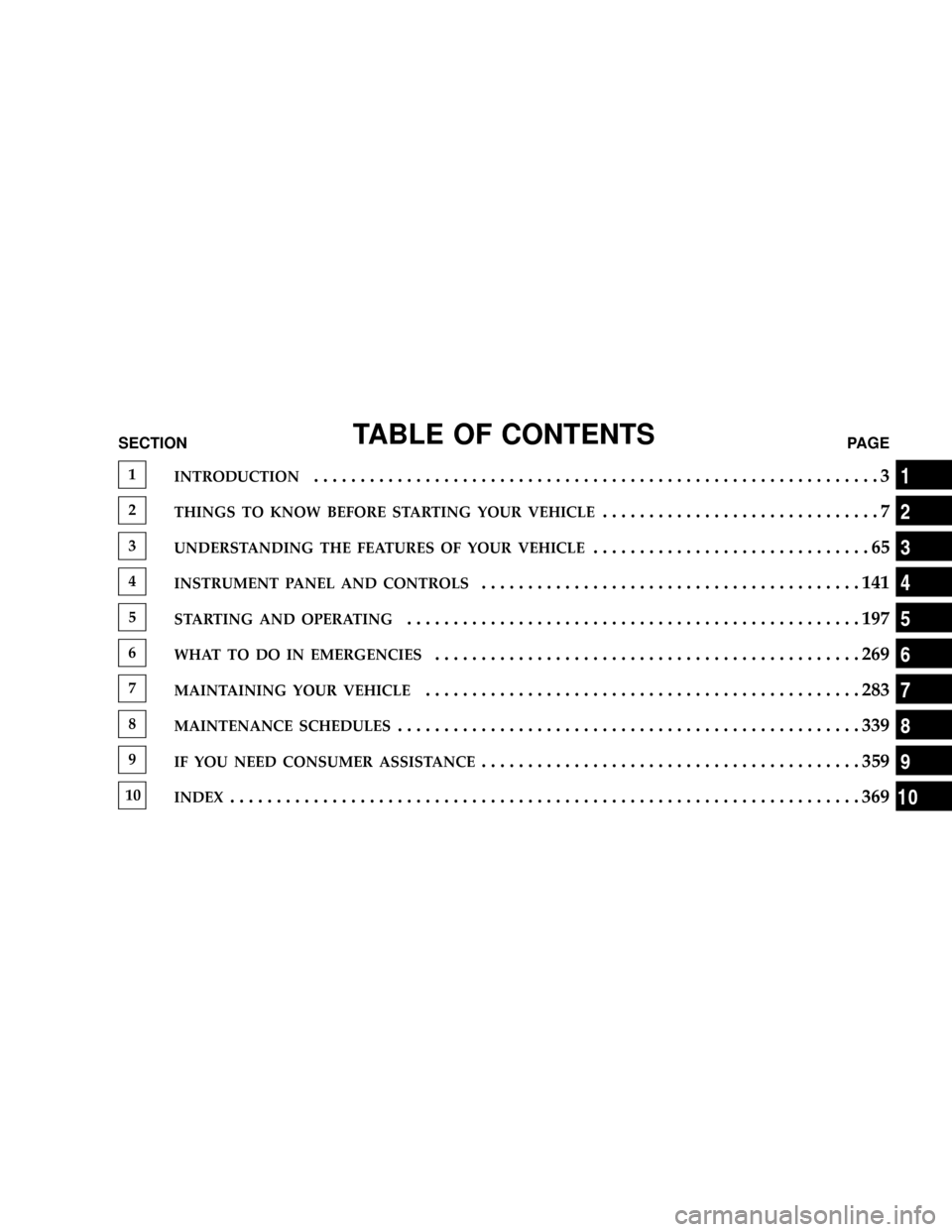 DODGE DURANGO 2004 2.G Owners Manual TABLE OF CONTENTSSECTIONPAGE
1INTRODUCTION.............................................................3
2THINGS TO KNOW BEFORE STARTING YOUR VEHICLE..............................7
3UNDERSTANDING THE 