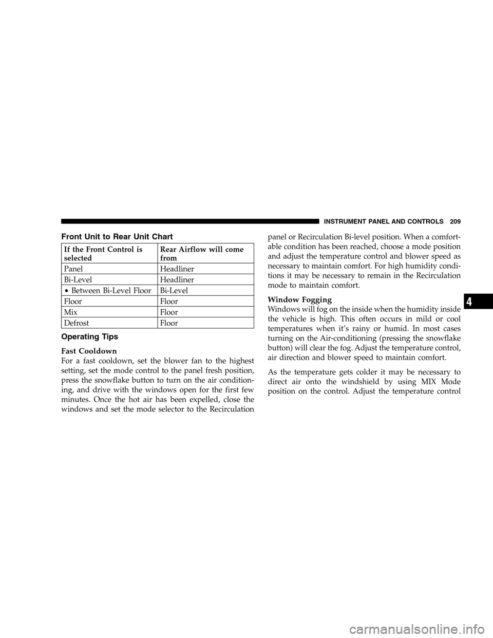 DODGE DURANGO 2005 2.G Owners Manual Front Unit to Rear Unit Chart
If the Front Control is
selectedRear Airflow will come
from
Panel Headliner
Bi-Level Headliner
•Between Bi-Level Floor Bi-Level
Floor Floor
Mix Floor
Defrost Floor
Oper DODGE DURANGO 2005 2.G Owners Manual Front Unit to Rear Unit Chart
If the Front Control is
selectedRear Airflow will come
from
Panel Headliner
Bi-Level Headliner
•Between Bi-Level Floor Bi-Level
Floor Floor
Mix Floor
Defrost Floor
Oper