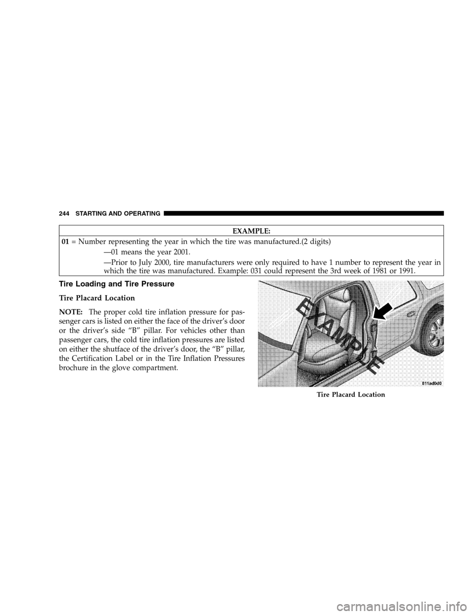 DODGE DURANGO 2005 2.G Owners Manual EXAMPLE:
01= Number representing the year in which the tire was manufactured.(2 digits)
—01 means the year 2001.
—Prior to July 2000, tire manufacturers were only required to have 1 number to repr