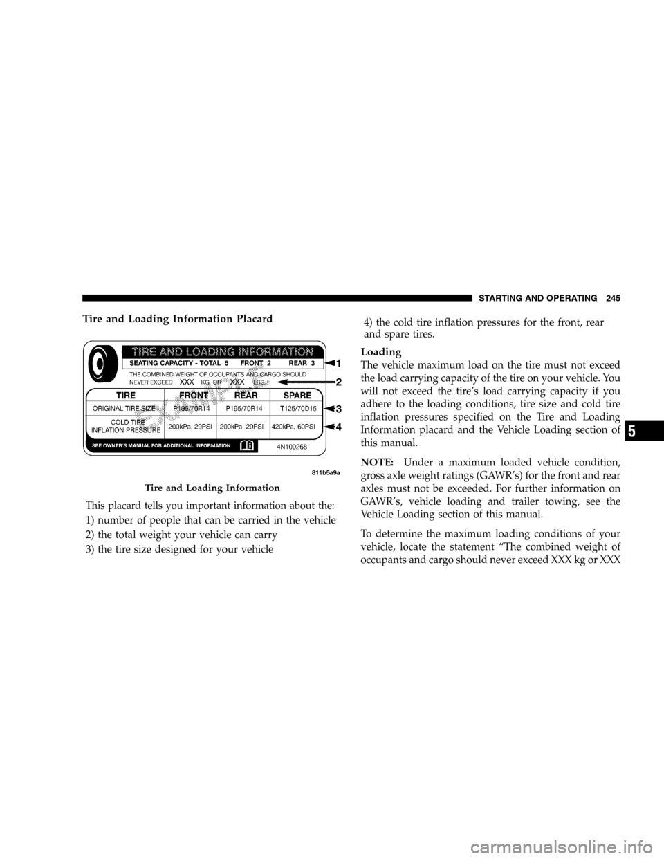 DODGE DURANGO 2005 2.G Owners Manual Tire and Loading Information Placard
This placard tells you important information about the:
1) number of people that can be carried in the vehicle
2) the total weight your vehicle can carry
3) the ti