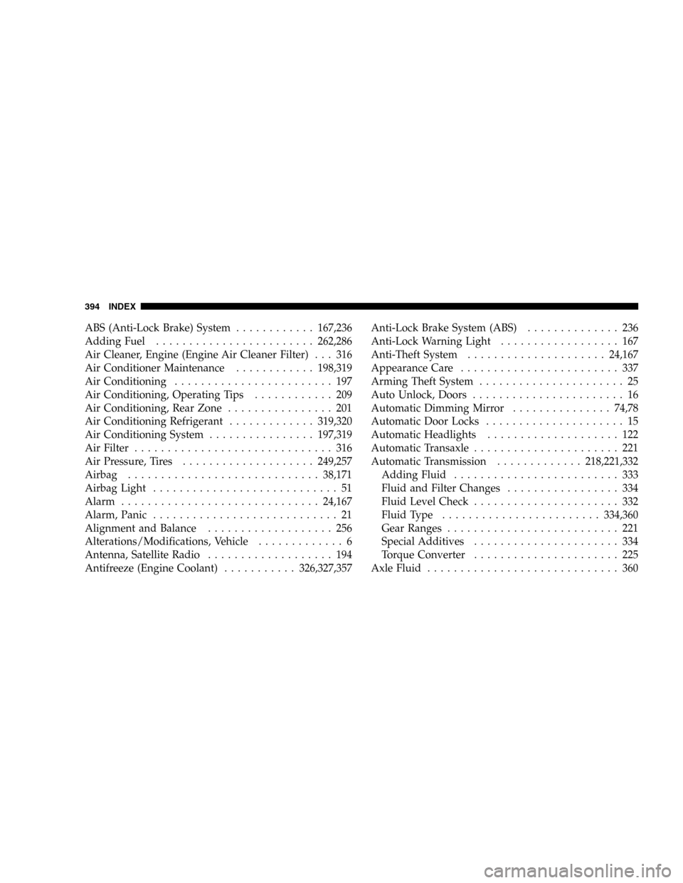 DODGE DURANGO 2005 2.G Owners Manual ABS (Anti-Lock Brake) System............167,236
Adding Fuel........................262,286
Air Cleaner, Engine (Engine Air Cleaner Filter) . . . 316
Air Conditioner Maintenance............198,319
Air 