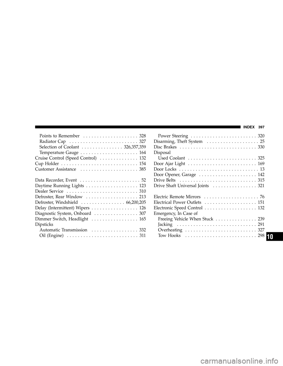 DODGE DURANGO 2005 2.G Owners Manual Points to Remember.................... 328
Radiator Cap......................... 327
Selection of Coolant...............326,357,359
Temperature Gauge..................... 164
Cruise Control (Speed Con