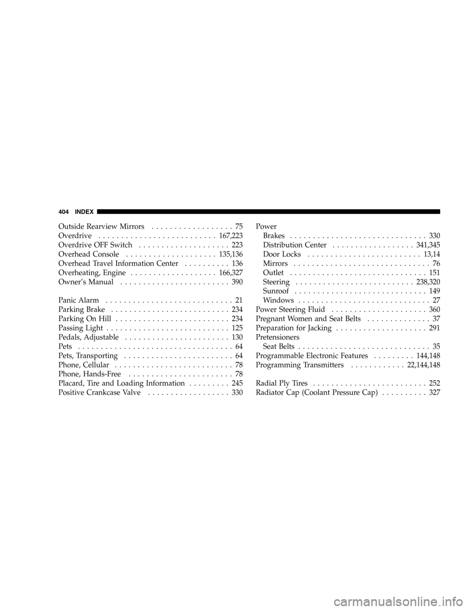 DODGE DURANGO 2005 2.G Owners Manual Outside Rearview Mirrors.................. 75
Overdrive..........................167,223
Overdrive OFF Switch.................... 223
Overhead Console....................135,136
Overhead Travel Inform