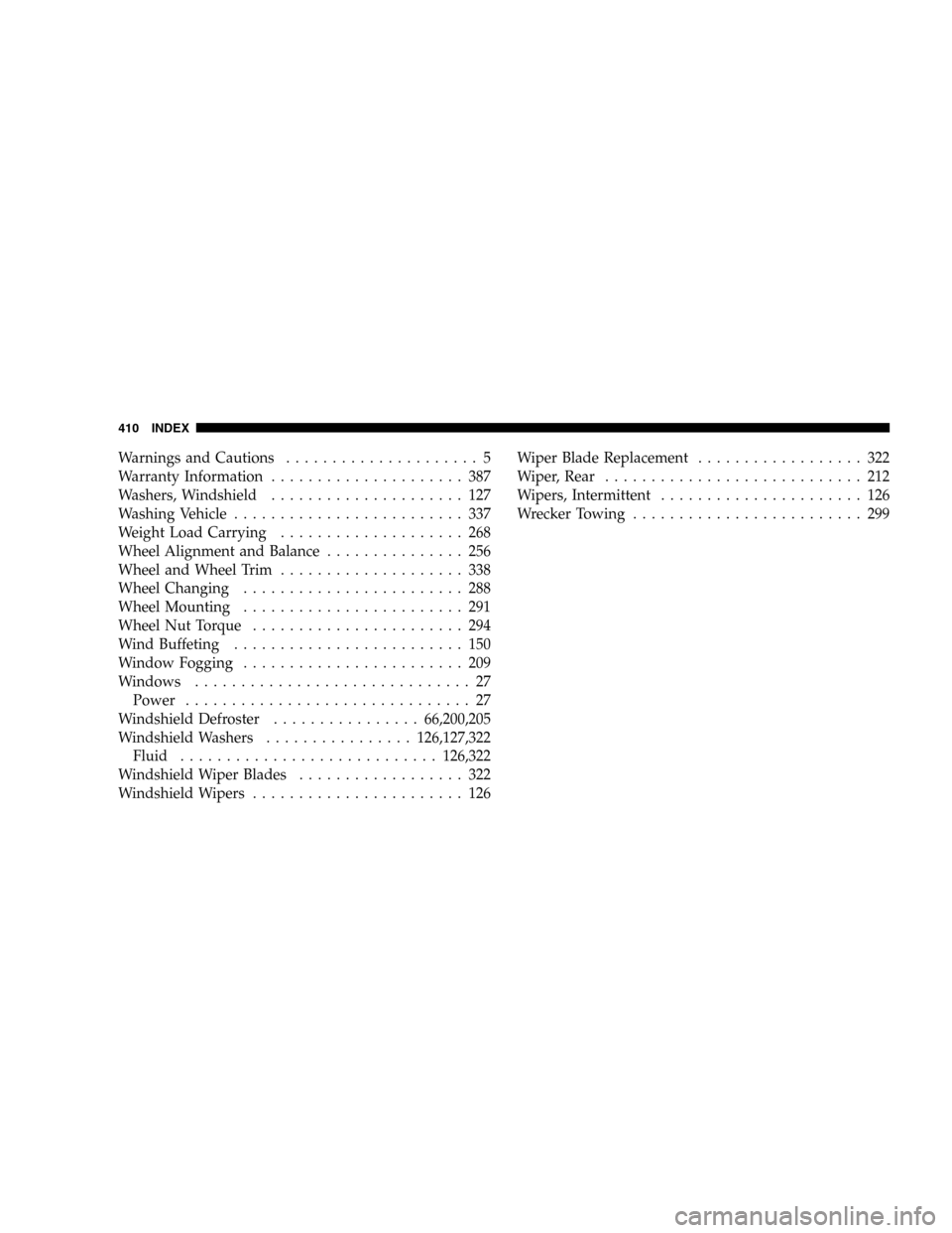 DODGE DURANGO 2005 2.G Owners Manual Warnings and Cautions..................... 5
Warranty Information..................... 387
Washers, Windshield..................... 127
Washing Vehicle......................... 337
Weight Load Carryin