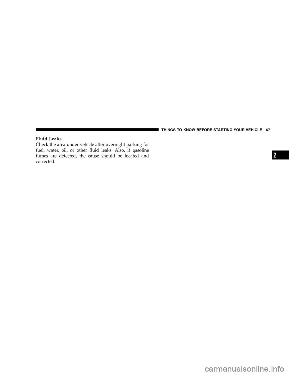 DODGE DURANGO 2005 2.G Repair Manual Fluid Leaks
Check the area under vehicle after overnight parking for
fuel, water, oil, or other fluid leaks. Also, if gasoline
fumes are detected, the cause should be located and
corrected.
THINGS TO 