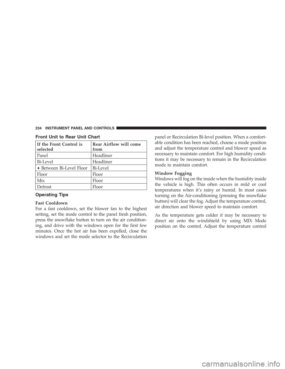 DODGE DURANGO 2006 2.G Owners Manual Front Unit to Rear Unit Chart
If the Front Control is
selectedRear Airflow will come
from
Panel Headliner
Bi-Level Headliner
•Between Bi-Level Floor Bi-Level
Floor Floor
Mix Floor
Defrost Floor
Oper