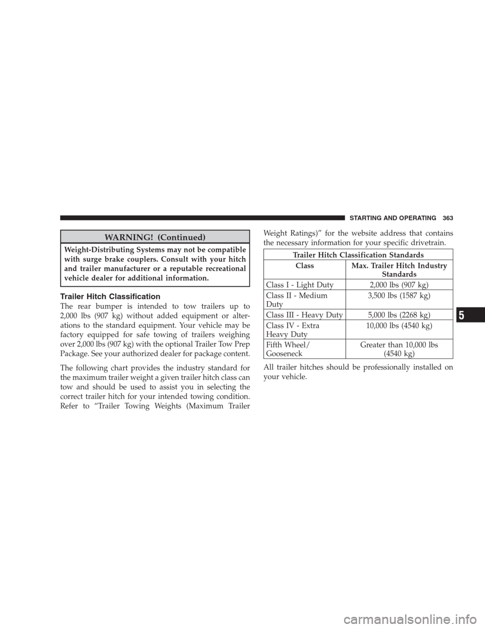 DODGE DURANGO 2009 2.G Owners Manual WARNING! (Continued)
Weight-Distributing Systems may not be compatible
with surge brake couplers. Consult with your hitch
and trailer manufacturer or a reputable recreational
vehicle dealer for additi DODGE DURANGO 2009 2.G Owners Manual WARNING! (Continued)
Weight-Distributing Systems may not be compatible
with surge brake couplers. Consult with your hitch
and trailer manufacturer or a reputable recreational
vehicle dealer for additi