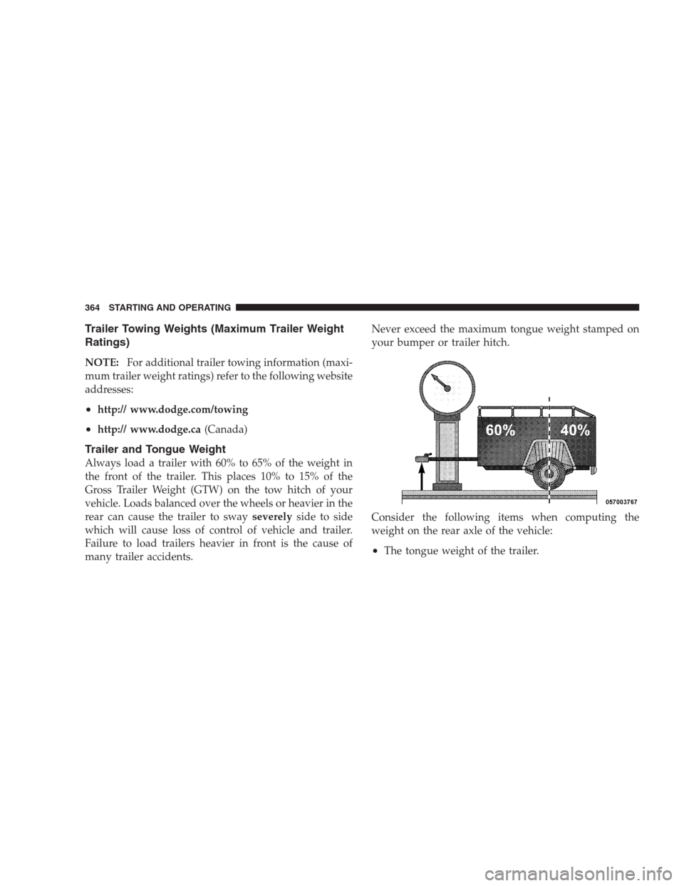 DODGE DURANGO 2009 2.G Owners Manual Trailer Towing Weights (Maximum Trailer Weight
Ratings)
NOTE:For additional trailer towing information (maxi-
mum trailer weight ratings) refer to the following website
addresses:
•http:// www.dodge DODGE DURANGO 2009 2.G Owners Manual Trailer Towing Weights (Maximum Trailer Weight
Ratings)
NOTE:For additional trailer towing information (maxi-
mum trailer weight ratings) refer to the following website
addresses:
•http:// www.dodge
