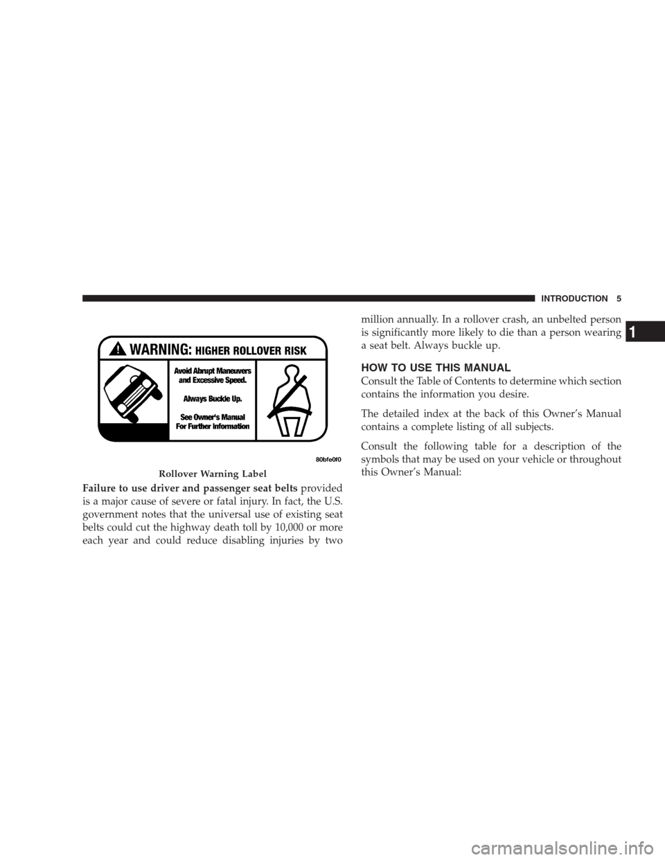 DODGE DURANGO 2009 2.G Owners Manual Failure to use driver and passenger seat beltsprovided
is a major cause of severe or fatal injury. In fact, the U.S.
government notes that the universal use of existing seat
belts could cut the highwa