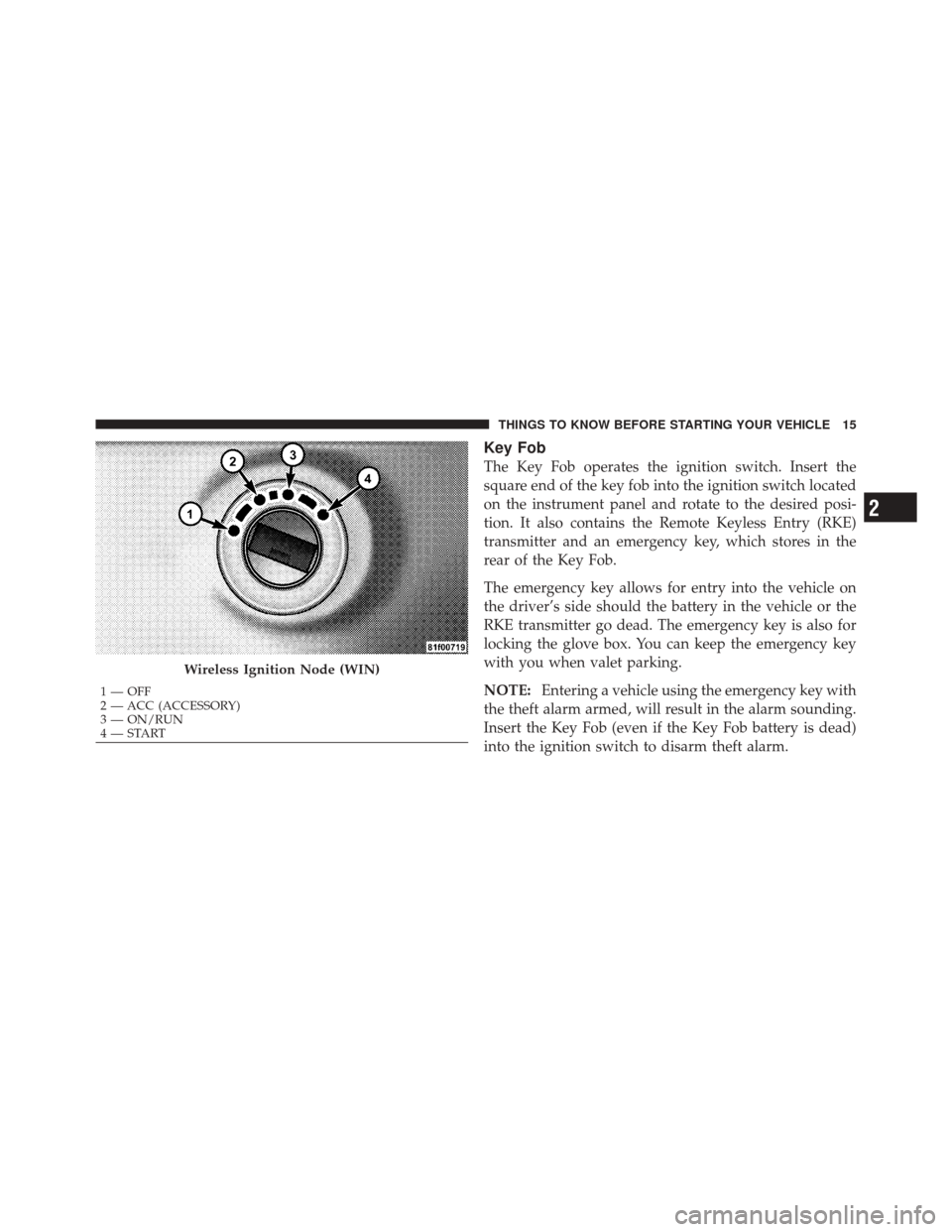 DODGE DURANGO 2011 3.G Owners Manual Key Fob
The Key Fob operates the ignition switch. Insert the
square end of the key fob into the ignition switch located
on the instrument panel and rotate to the desired posi-
tion. It also contains t