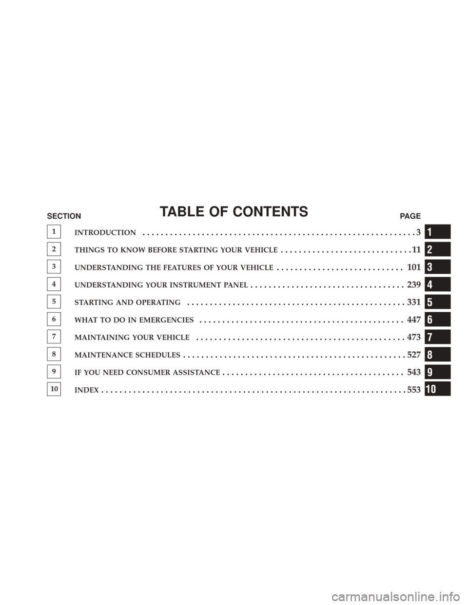 DODGE DURANGO 2011 3.G Owners Manual TABLE OF CONTENTSSECTIONPAGE
1INTRODUCTION............................................................3
2THINGS TO KNOW BEFORE STARTING YOUR VEHICLE.............................11
3UNDERSTANDING THE F