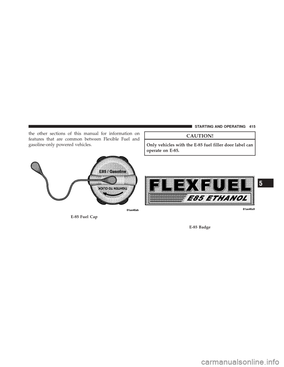 DODGE DURANGO 2011 3.G Owners Manual the other sections of this manual for information on
features that are common between Flexible Fuel and
gasoline-only powered vehicles.CAUTION!
Only vehicles with the E-85 fuel filler door label can
o