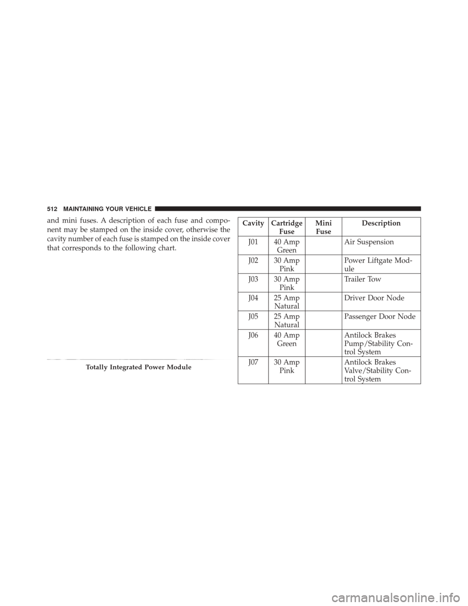 DODGE DURANGO 2011 3.G Owners Manual and mini fuses. A description of each fuse and compo-
nent may be stamped on the inside cover, otherwise the
cavity number of each fuse is stamped on the inside cover
that corresponds to the following