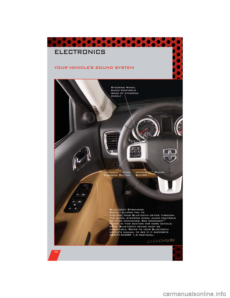 DODGE DURANGO 2011 3.G Owners Guide YOUR VEHICLES SOUND SYSTEM
ELECTRONICS
36 DODGE DURANGO 2011 3.G Owners Guide YOUR VEHICLES SOUND SYSTEM
ELECTRONICS
36