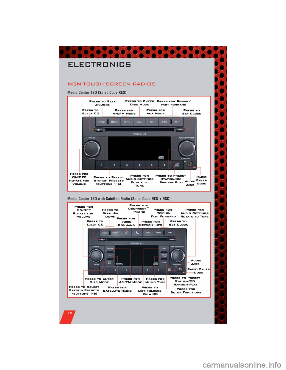 DODGE DURANGO 2011 3.G User Guide NON-TOUCH-SCREEN RADIOS
Media Center 130 (Sales Code RES)
Media Center 130 with Satellite Radio (Sales Code RES + RSC)
ELECTRONICS
38 DODGE DURANGO 2011 3.G User Guide NON-TOUCH-SCREEN RADIOS
Media Center 130 (Sales Code RES)
Media Center 130 with Satellite Radio (Sales Code RES + RSC)
ELECTRONICS
38