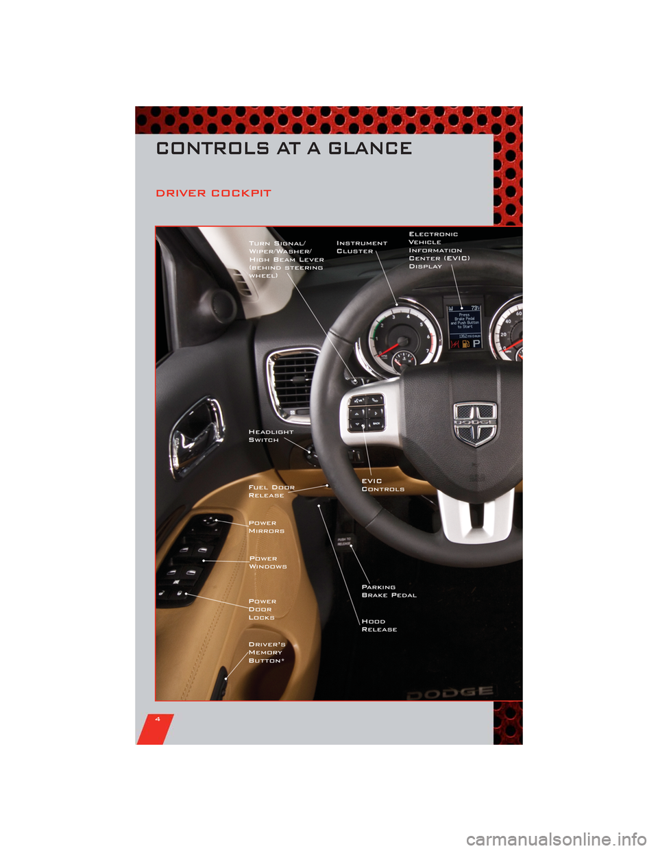 DODGE DURANGO 2011 3.G User Guide DRIVER COCKPIT
CONTROLS AT A GLANCE
4 DODGE DURANGO 2011 3.G User Guide DRIVER COCKPIT
CONTROLS AT A GLANCE
4