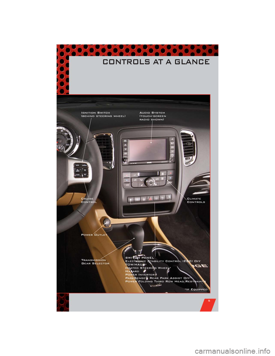 DODGE DURANGO 2011 3.G User Guide CONTROLS AT A GLANCE
5 DODGE DURANGO 2011 3.G User Guide CONTROLS AT A GLANCE
5