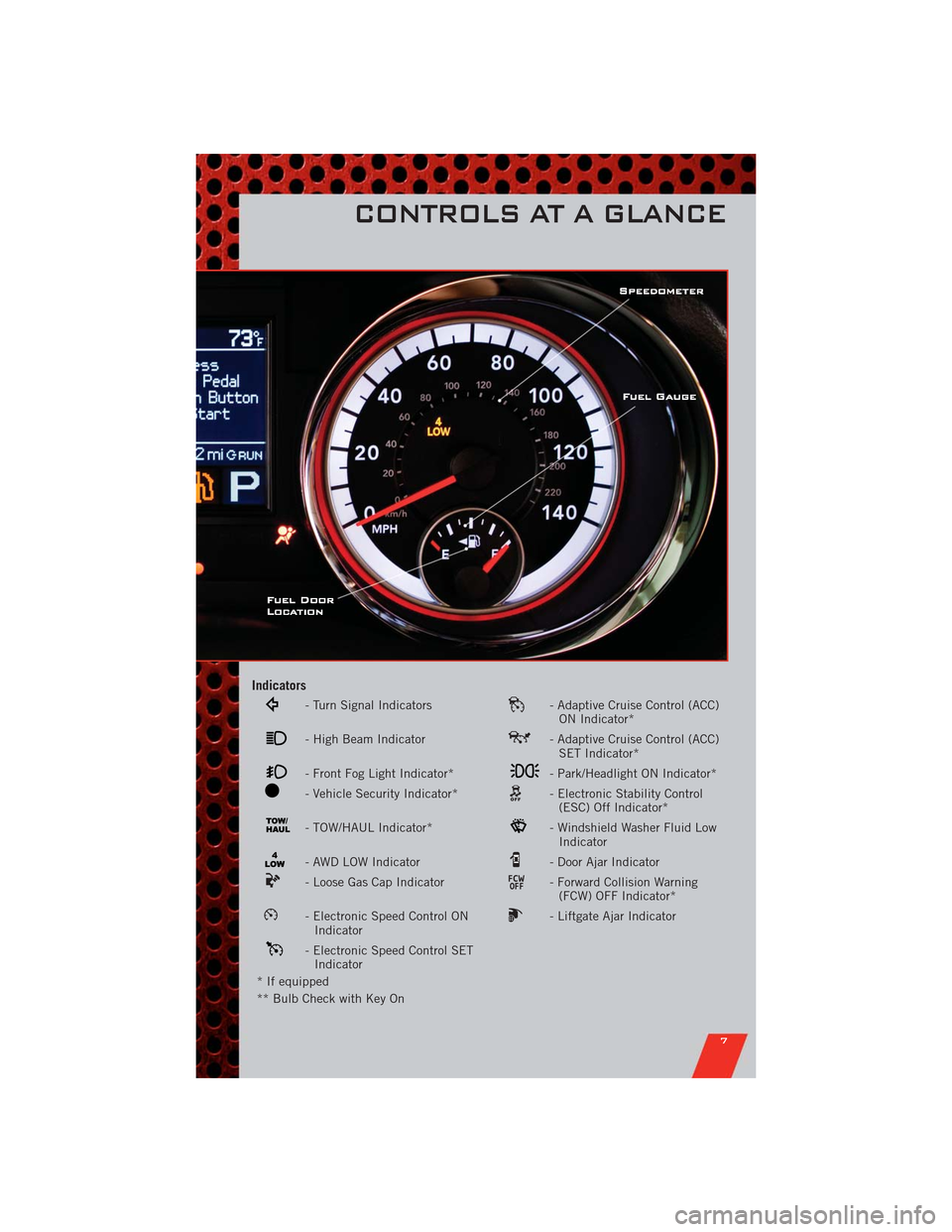 DODGE DURANGO 2011 3.G User Guide Indicators
- Turn Signal Indicators- Adaptive Cruise Control (ACC)
ON Indicator*
- High Beam Indicator- Adaptive Cruise Control (ACC)
SET Indicator*
- Front Fog Light Indicator*- Park/Headlight ON Ind DODGE DURANGO 2011 3.G User Guide Indicators
- Turn Signal Indicators- Adaptive Cruise Control (ACC)
ON Indicator*
- High Beam Indicator- Adaptive Cruise Control (ACC)
SET Indicator*
- Front Fog Light Indicator*- Park/Headlight ON Ind