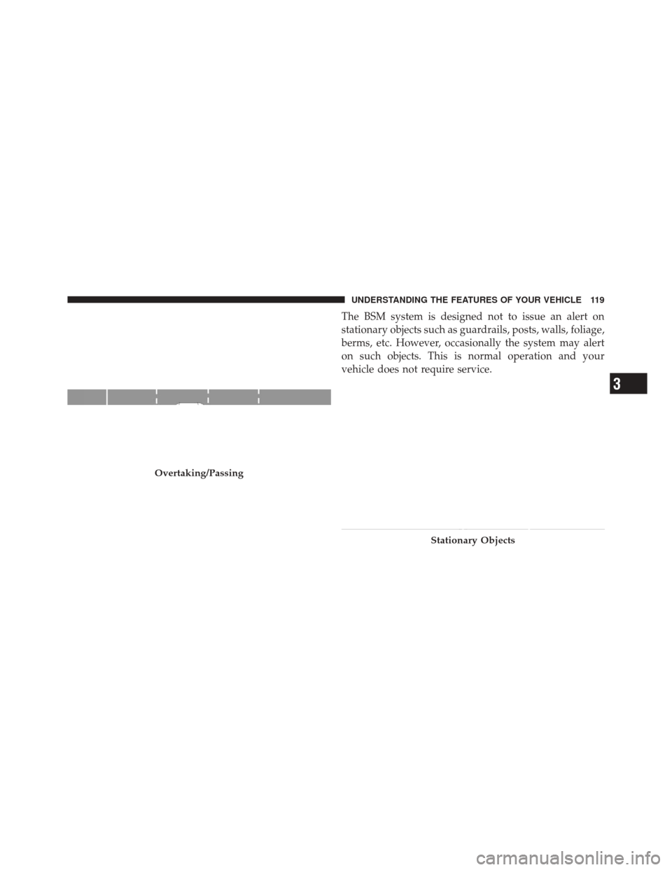 DODGE DURANGO 2012 3.G Owners Manual The BSM system is designed not to issue an alert on
stationary objects such as guardrails, posts, walls, foliage,
berms, etc. However, occasionally the system may alert
on such objects. This is normal