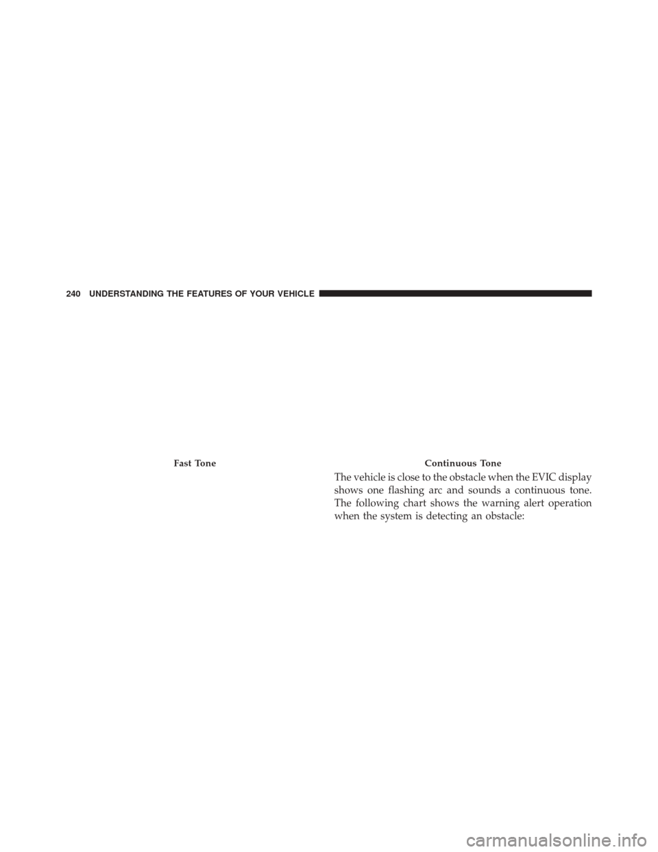 DODGE DURANGO 2012 3.G Owners Manual The vehicle is close to the obstacle when the EVIC display
shows one flashing arc and sounds a continuous tone.
The following chart shows the warning alert operation
when the system is detecting an ob