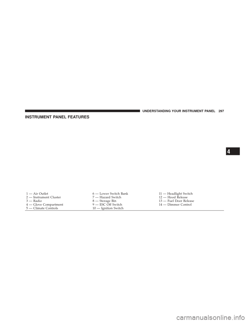 DODGE DURANGO 2012 3.G Owners Manual INSTRUMENT PANEL FEATURES
1 — Air Outlet6 — Lower Switch Bank11 — Headlight Switch
2 — Instrument Cluster 7 — Hazard Switch12 — Hood Release
3 — Radio 8 — Storage Bin13 — Fuel Door R