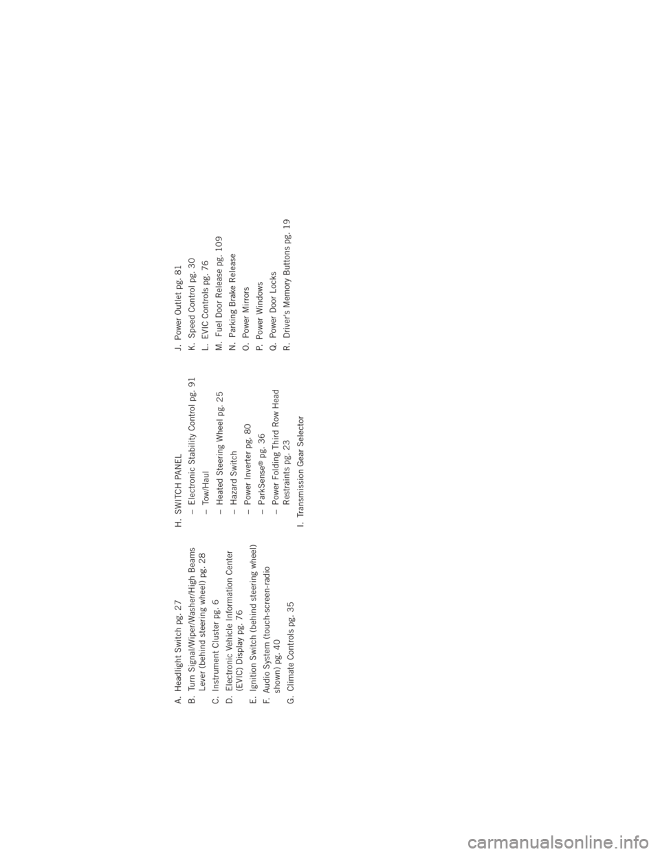 DODGE DURANGO 2012 3.G User Guide A. Headlight Switch pg. 27
B. Turn Signal/Wiper/Washer/High BeamsLever (behind steering wheel) pg. 28
C. Instrument Cluster pg. 6
D. Electronic Vehicle Information Center (EVIC) Display pg. 76
E. Igni DODGE DURANGO 2012 3.G User Guide A. Headlight Switch pg. 27
B. Turn Signal/Wiper/Washer/High BeamsLever (behind steering wheel) pg. 28
C. Instrument Cluster pg. 6
D. Electronic Vehicle Information Center (EVIC) Display pg. 76
E. Igni