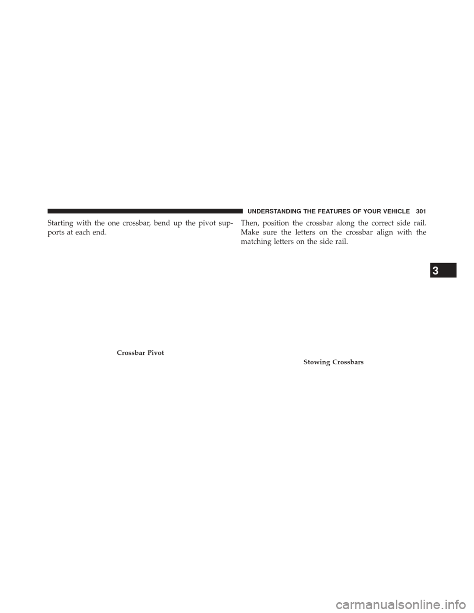 DODGE DURANGO 2013 3.G Owners Manual Starting with the one crossbar, bend up the pivot sup-
ports at each end.Then, position the crossbar along the correct side rail.
Make sure the letters on the crossbar align with the
matching letters 