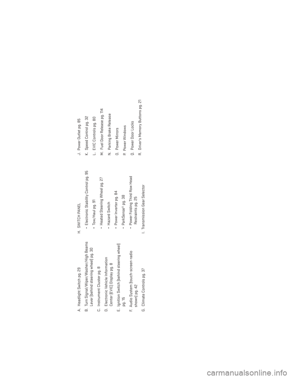 DODGE DURANGO 2013 3.G User Guide A. Headlight Switch pg. 29
B. Turn Signal/Wiper/Washer/High BeamsLever (behind steering wheel) pg. 30
C. Instrument Cluster pg. 8
D. Electronic Vehicle Information Center (EVIC) Display pg. 8
E. Ignit