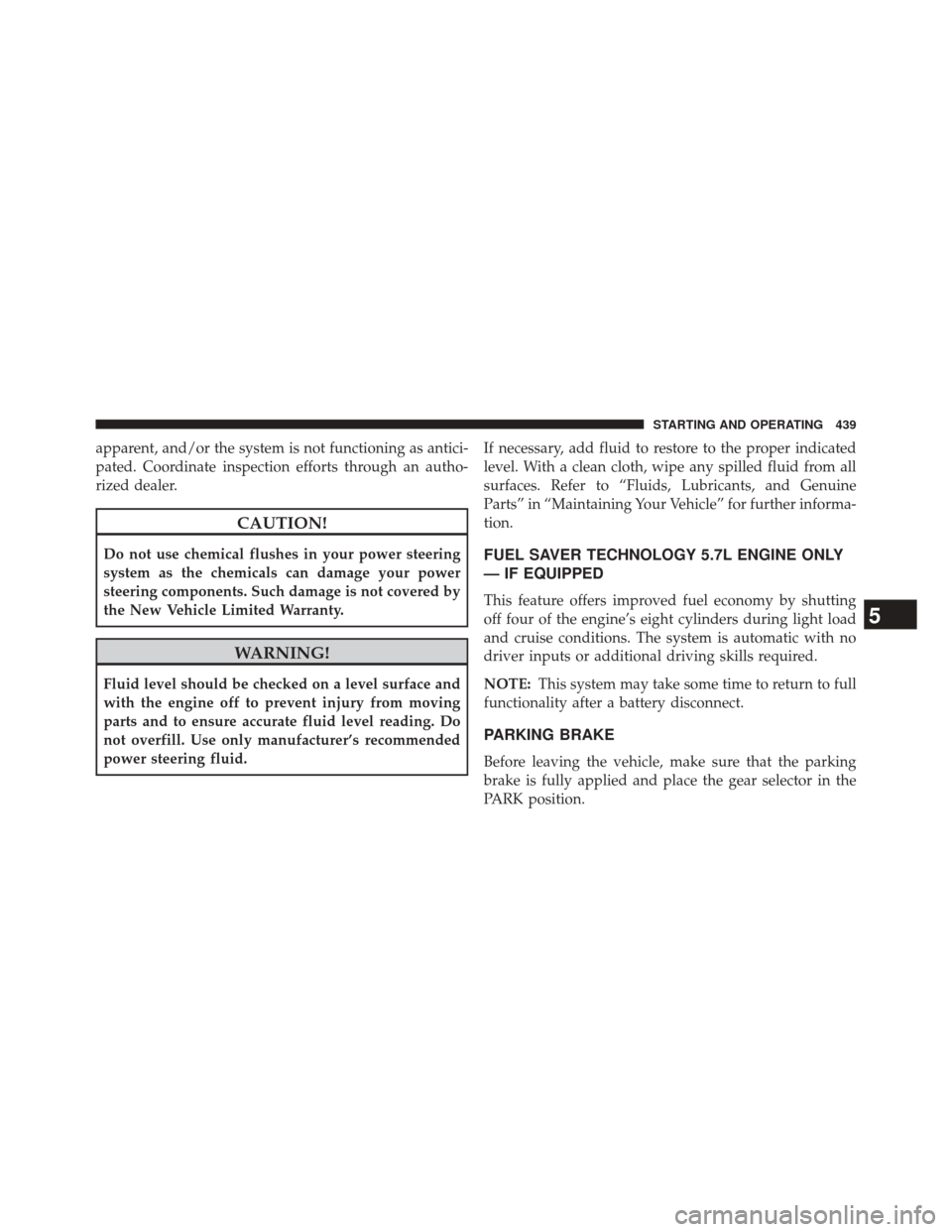 DODGE DURANGO 2014 3.G User Guide apparent, and/or the system is not functioning as antici-
pated. Coordinate inspection efforts through an autho-
rized dealer.
CAUTION!
Do not use chemical flushes in your power steering
system as the