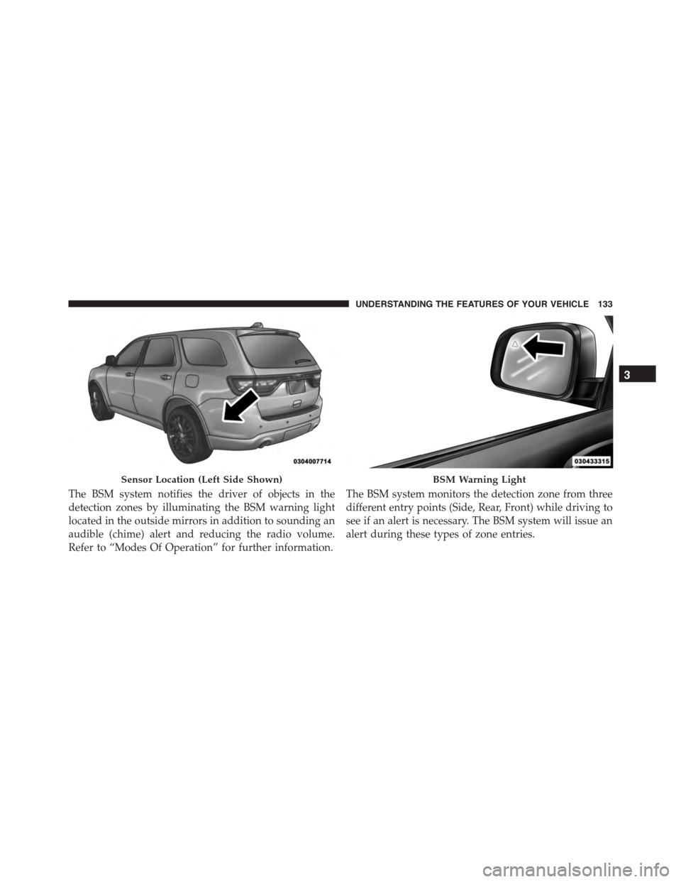 DODGE DURANGO 2015 3.G Owners Manual The BSM system notifies the driver of objects in the
detection zones by illuminating the BSM warning light
located in the outside mirrors in addition to sounding an
audible (chime) alert and reducing DODGE DURANGO 2015 3.G Owners Manual The BSM system notifies the driver of objects in the
detection zones by illuminating the BSM warning light
located in the outside mirrors in addition to sounding an
audible (chime) alert and reducing