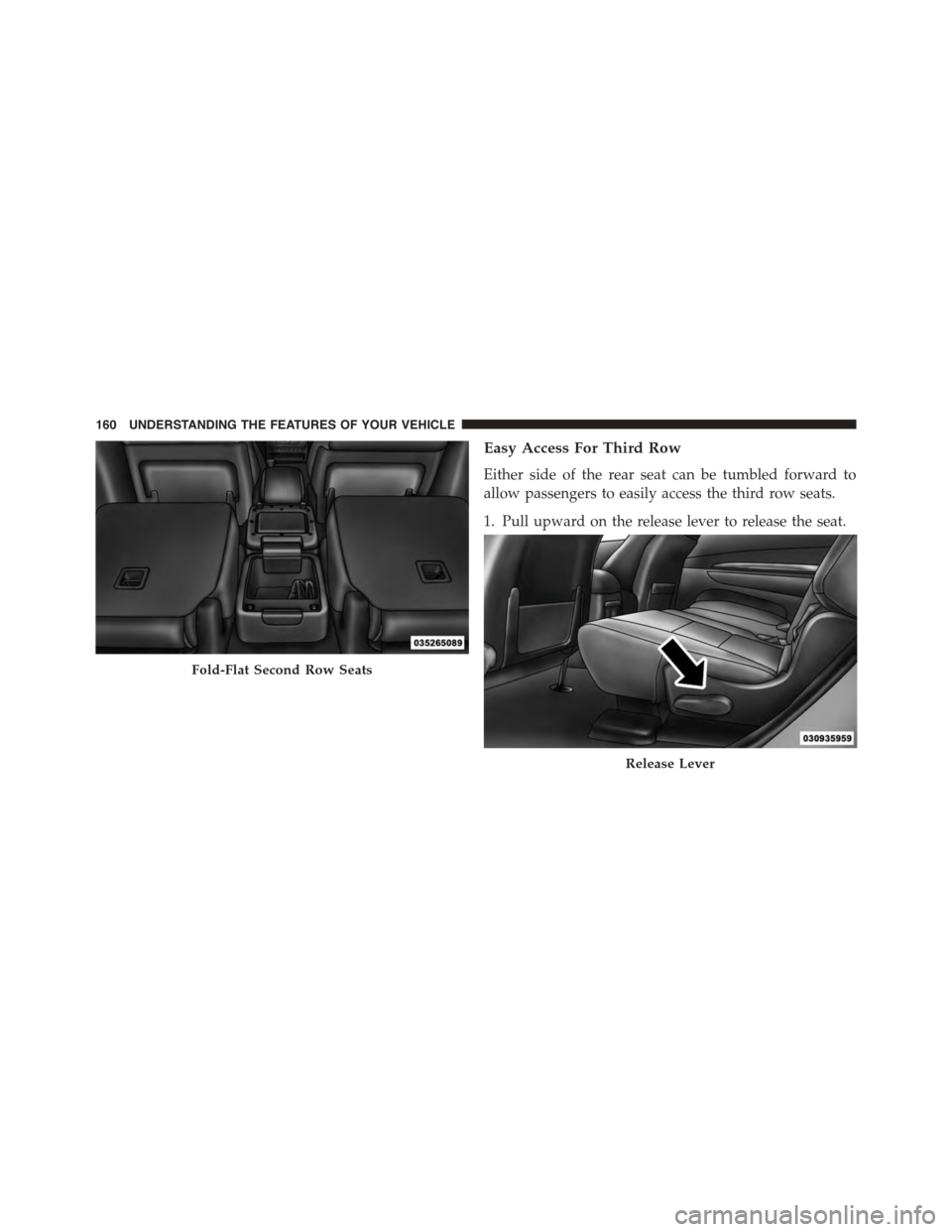 DODGE DURANGO 2015 3.G Owners Manual Easy Access For Third Row
Either side of the rear seat can be tumbled forward to
allow passengers to easily access the third row seats.
1. Pull upward on the release lever to release the seat.
Fold-Fl DODGE DURANGO 2015 3.G Owners Manual Easy Access For Third Row
Either side of the rear seat can be tumbled forward to
allow passengers to easily access the third row seats.
1. Pull upward on the release lever to release the seat.
Fold-Fl