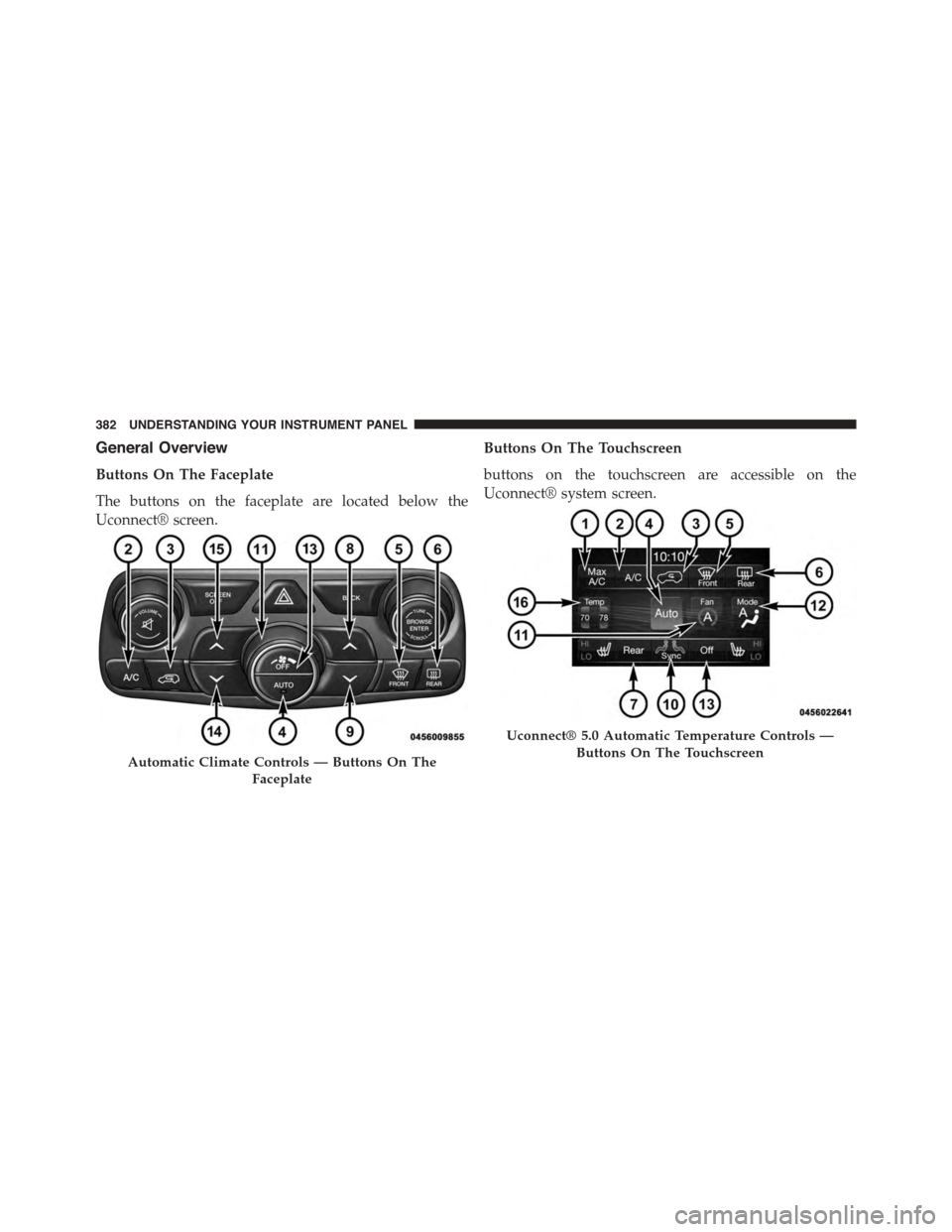 DODGE DURANGO 2015 3.G Owners Manual General Overview
Buttons On The Faceplate
The buttons on the faceplate are located below the
Uconnect® screen.
Buttons On The Touchscreen
buttons on the touchscreen are accessible on the
Uconnect® s