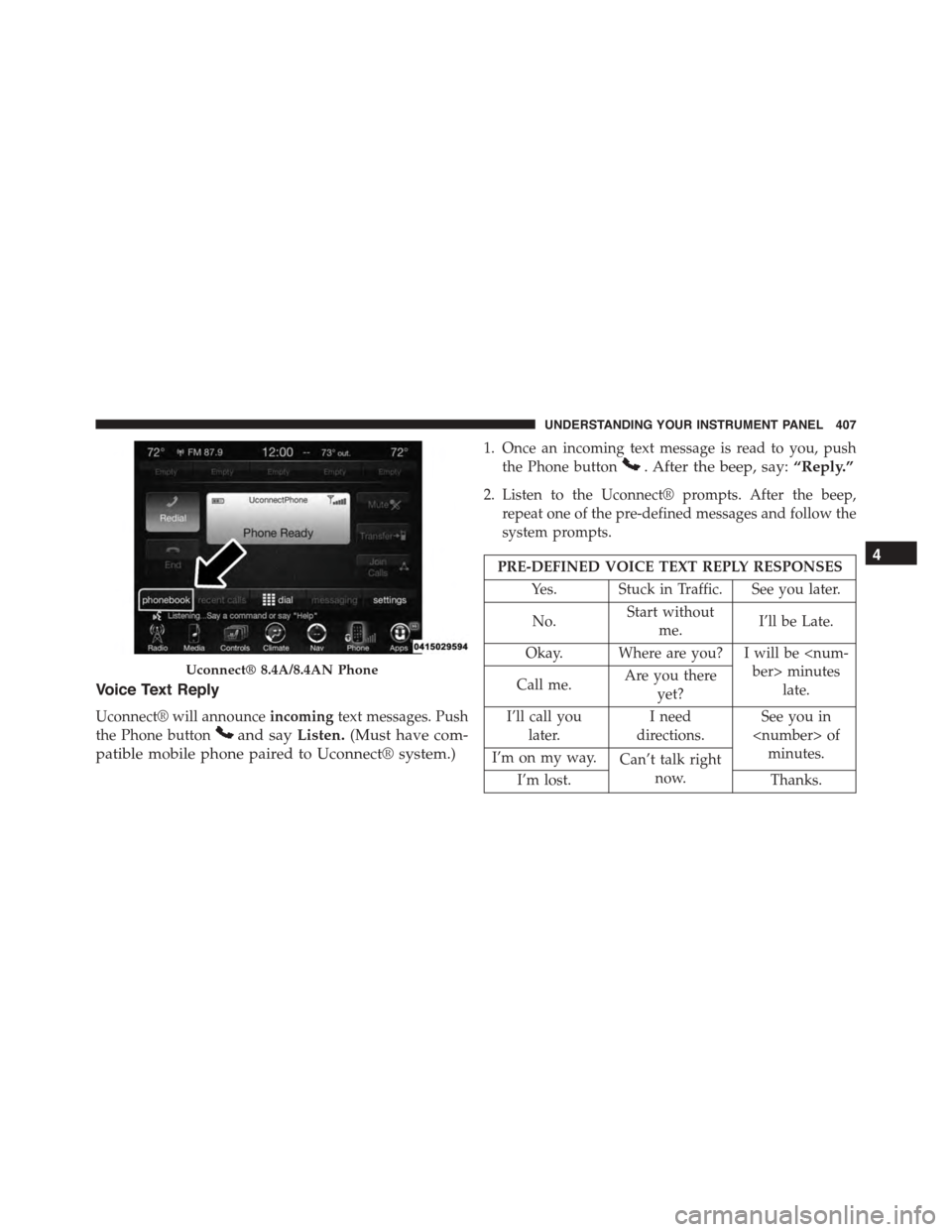 DODGE DURANGO 2015 3.G Owners Manual Voice Text Reply
Uconnect® will announceincomingtext messages. Push
the Phone buttonand sayListen.(Must have com-
patible mobile phone paired to Uconnect® system.)
1. Once an incoming text message i
