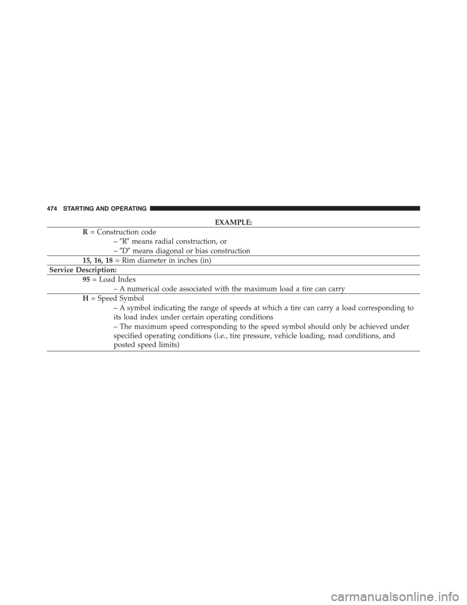 DODGE DURANGO 2015 3.G Owners Guide EXAMPLE:
R= Construction code
–#R#means radial construction, or
–#D#means diagonal or bias construction
15, 16, 18= Rim diameter in inches (in)
Service Description:
95= Load Index
– A numerical 