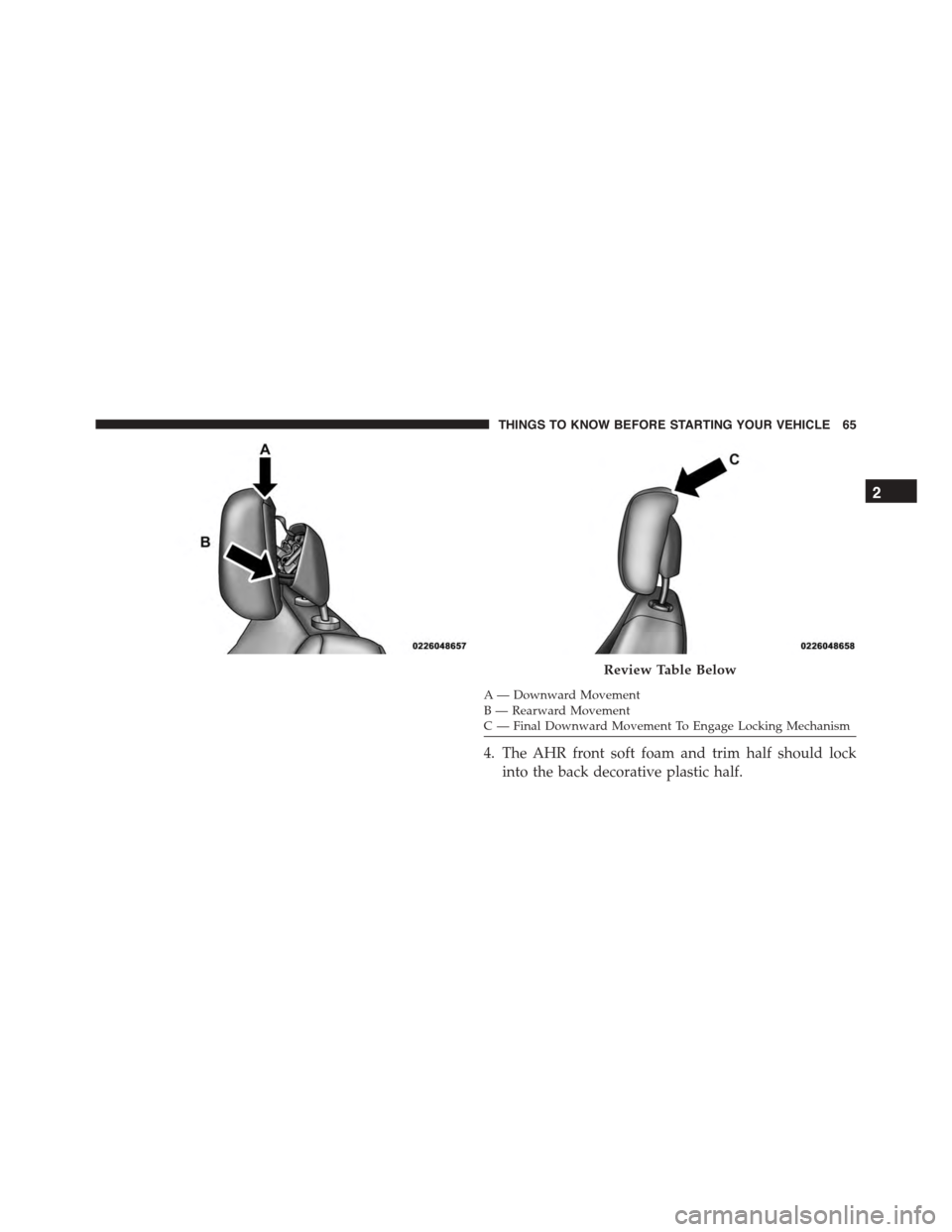 DODGE DURANGO 2015 3.G Repair Manual A— Downward MovementB—RearwardMovementC—FinalDownwardMovementToEngageLockingMechanism
4. The AHR front soft foam and trim half should lock
into the back decorative plastic half.
Review Table Bel