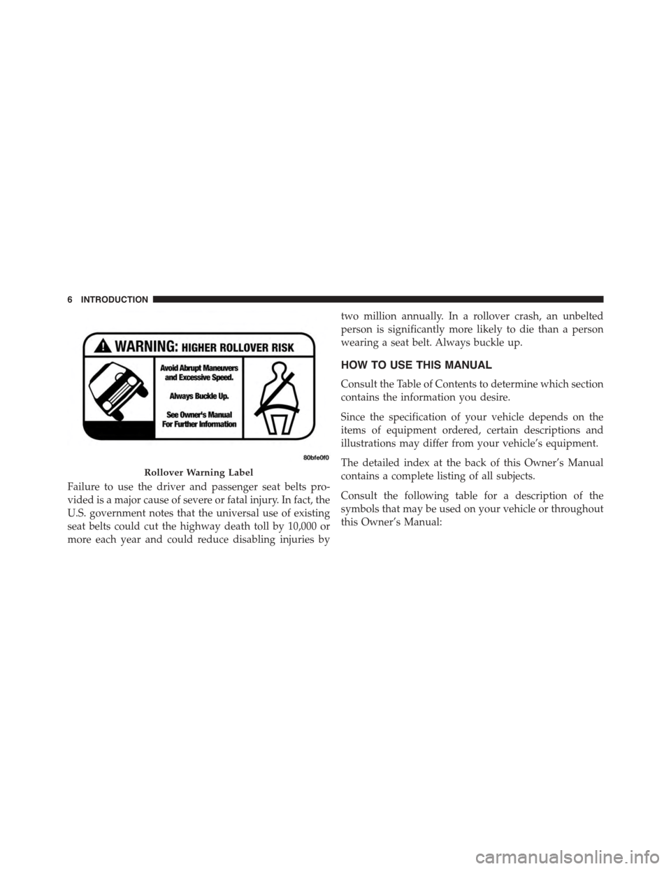 DODGE DURANGO 2015 3.G Owners Manual Failure to use the driver and passenger seat belts pro-
vided is a major cause of severe or fatal injury. In fact, the
U.S. government notes that the universal use of existing
seat belts could cut the DODGE DURANGO 2015 3.G Owners Manual Failure to use the driver and passenger seat belts pro-
vided is a major cause of severe or fatal injury. In fact, the
U.S. government notes that the universal use of existing
seat belts could cut the