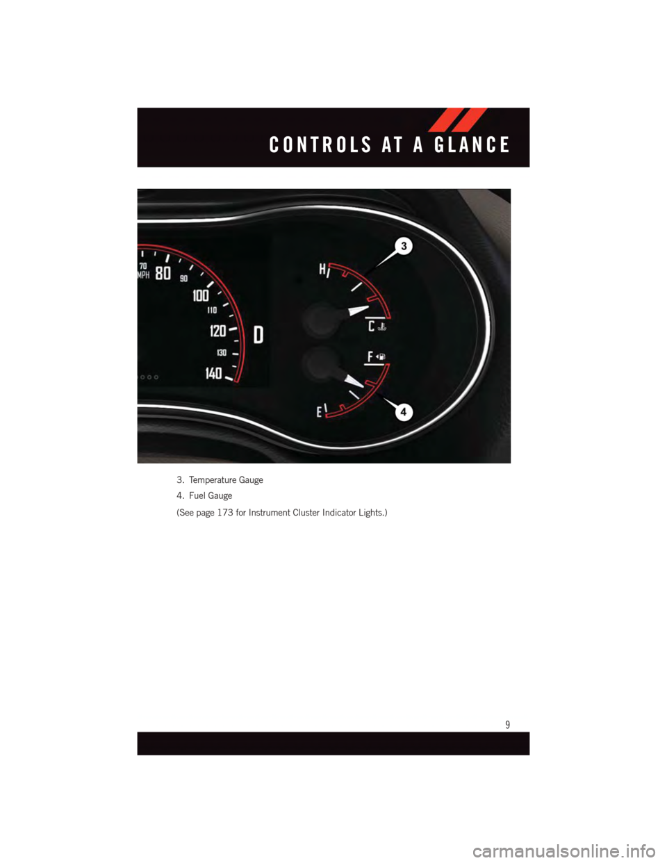 DODGE DURANGO 2015 3.G Owners Manual 3. Temperature Gauge
4. Fuel Gauge
(See page 173 for Instrument Cluster Indicator Lights.)
CONTROLS AT A GLANCE
9 