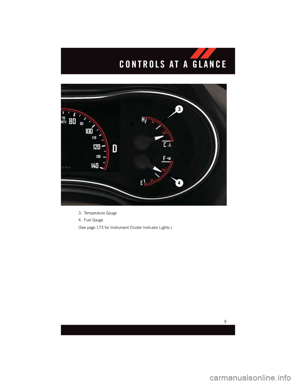 DODGE DURANGO 2015 3.G User Guide 3. Temperature Gauge
4. Fuel Gauge
(See page 173 for Instrument Cluster Indicator Lights.)
CONTROLS AT A GLANCE
9 