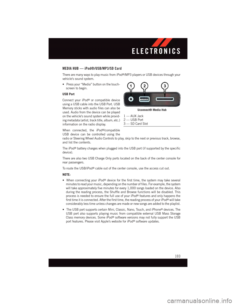 DODGE DURANGO 2015 3.G User Guide MEDIA HUB — iPod®/USB/MP3/SD Card
There are many ways to play music from iPod®/MP3 players or USB devices through your
vehicles sound system.
•Pressyour“Media”buttononthetouch-
screen to be DODGE DURANGO 2015 3.G User Guide MEDIA HUB — iPod®/USB/MP3/SD Card
There are many ways to play music from iPod®/MP3 players or USB devices through your
vehicles sound system.
•Pressyour“Media”buttononthetouch-
screen to be