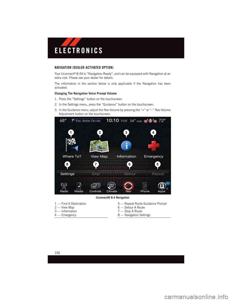 DODGE DURANGO 2015 3.G User Guide NAVIGATION (DEALER-ACTIVATED OPTION)
Yo u r U c o n n e c t®8.4A is “Navigation-Ready”, and can be equipped with Navigation at an
extra cost. Please see your dealer for details.
The information i DODGE DURANGO 2015 3.G User Guide NAVIGATION (DEALER-ACTIVATED OPTION)
Yo u r U c o n n e c t®8.4A is “Navigation-Ready”, and can be equipped with Navigation at an
extra cost. Please see your dealer for details.
The information i